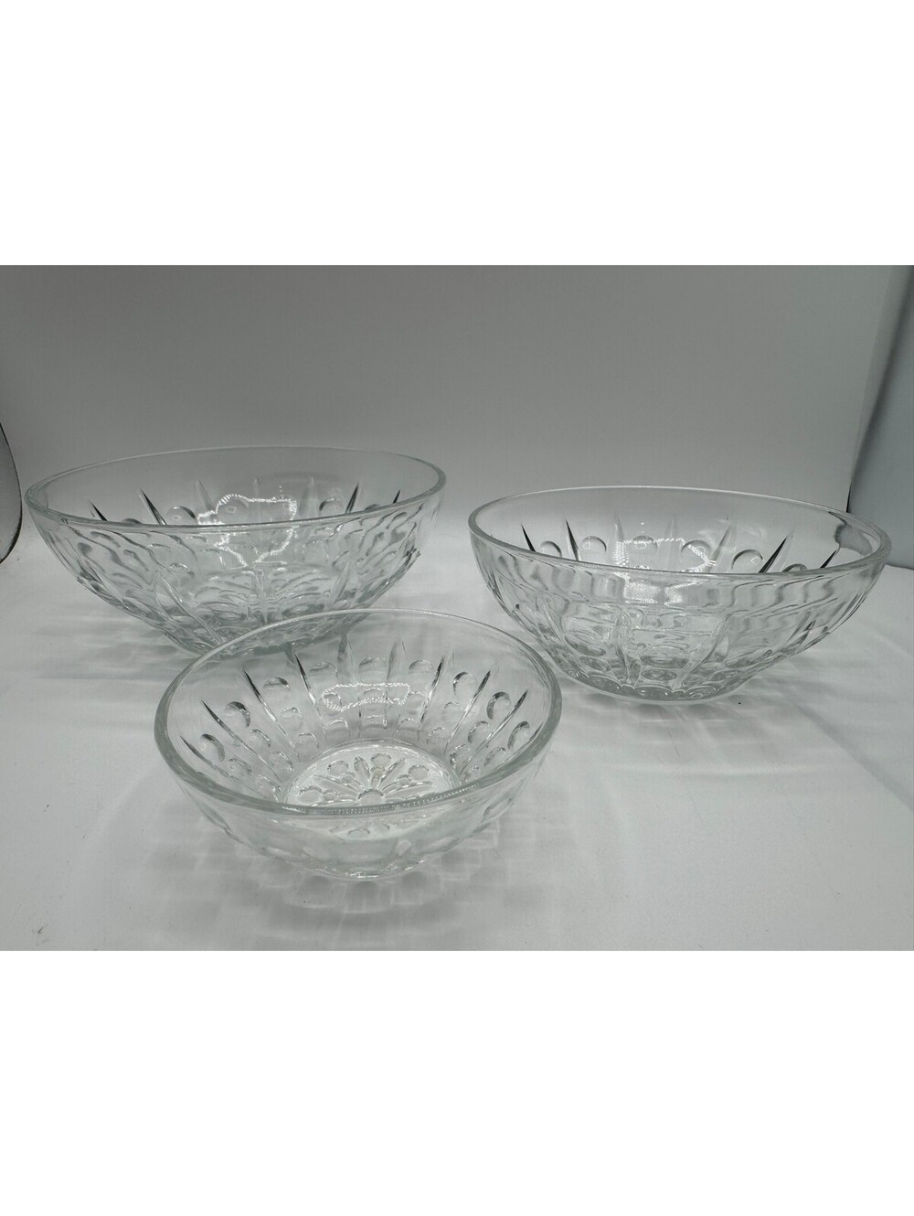Vintage Reims France Clear Pressed Glass Nesting Bowl Set 3 Bubble/Teardrop